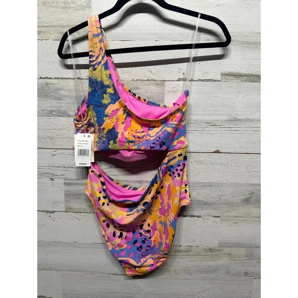Jessica Simpson Women XL Lip Gloss Pink Abstract One Shoulder Swimsuit NWT - Picture 2 of 4